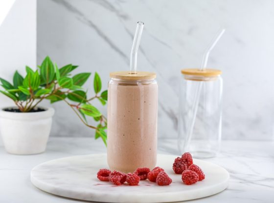 Healthy chocolate raspberry protein smoothie